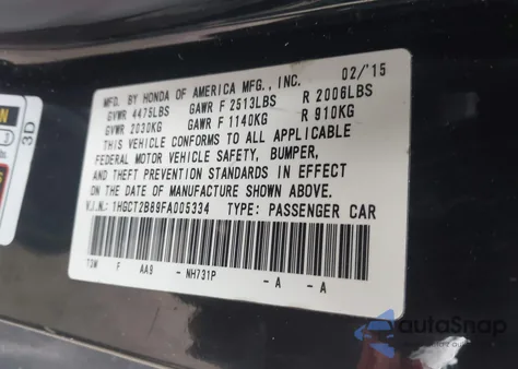 2015 Honda Accord Ex-L V-6 z USA, uszkodzony, nr VIN 1HGCT2B89FA005334